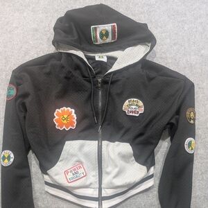 Cross Colors Colours Cropped Zip up Mesh Hoodie Streetwear Black Patches Medium